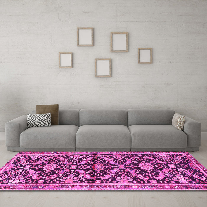 Machine Washable Animal Pink Traditional Rug in a Living Room, wshtr2969pnk