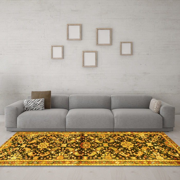 Machine Washable Animal Yellow Traditional Rug in a Living Room, wshtr2969yw