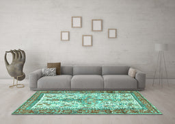 Machine Washable Persian Turquoise Traditional Area Rugs in a Living Room,, wshtr2971turq