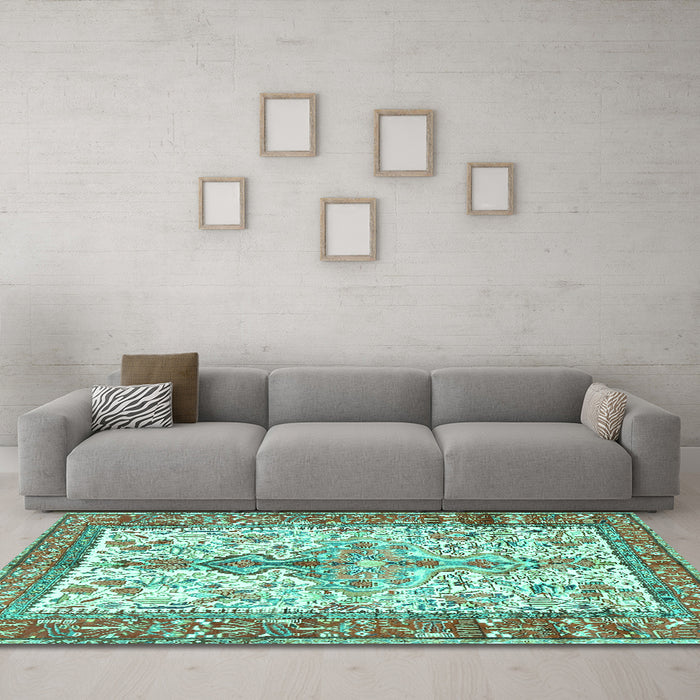 Machine Washable Persian Turquoise Traditional Area Rugs in a Living Room,, wshtr2971turq