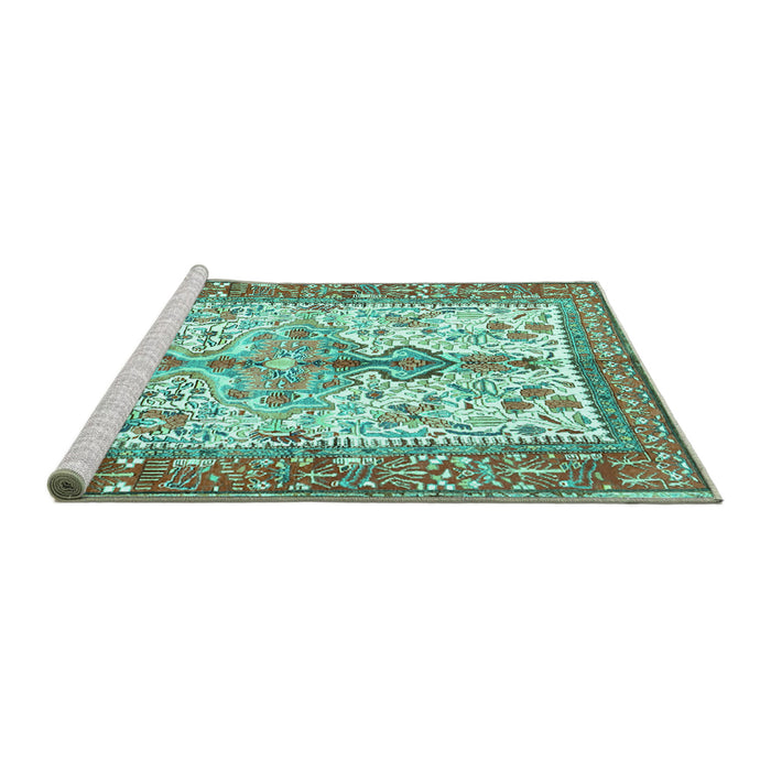 Sideview of Machine Washable Persian Turquoise Traditional Area Rugs, wshtr2971turq