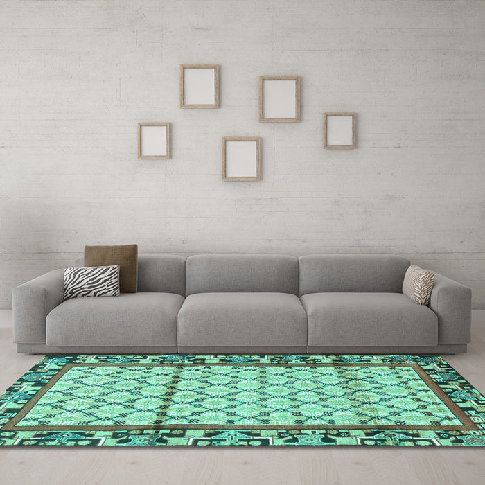 Machine Washable Persian Turquoise Traditional Area Rugs in a Living Room,, wshtr2972turq