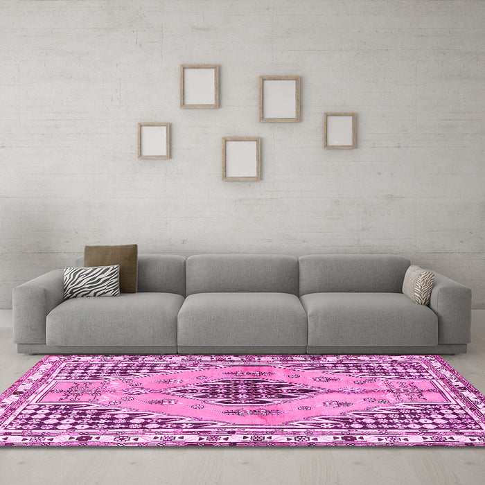 Machine Washable Persian Pink Traditional Rug in a Living Room, wshtr2973pnk