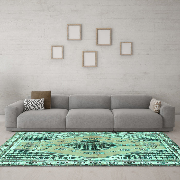 Machine Washable Persian Turquoise Traditional Area Rugs in a Living Room,, wshtr2973turq