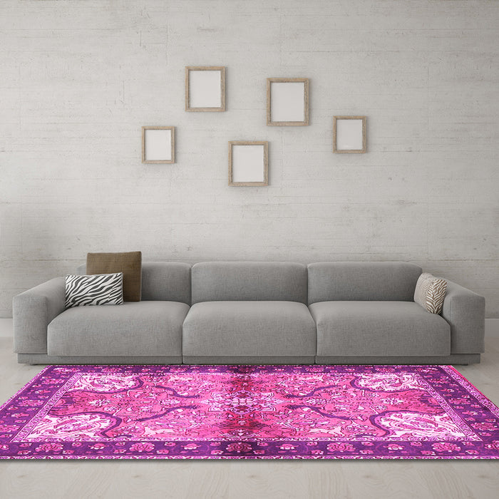 Machine Washable Persian Pink Traditional Rug in a Living Room, wshtr2974pnk