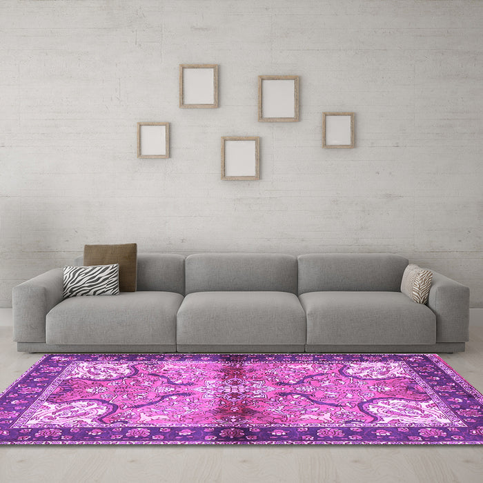 Machine Washable Persian Purple Traditional Area Rugs in a Living Room, wshtr2974pur