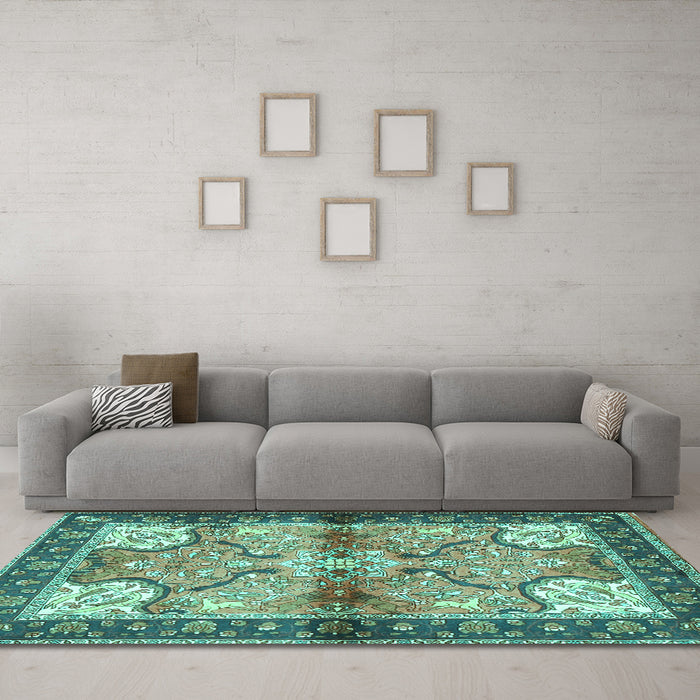 Machine Washable Persian Turquoise Traditional Area Rugs in a Living Room,, wshtr2974turq