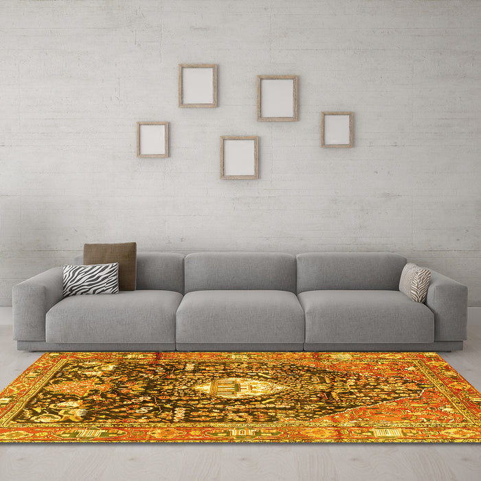 Machine Washable Animal Yellow Traditional Rug in a Living Room, wshtr2975yw