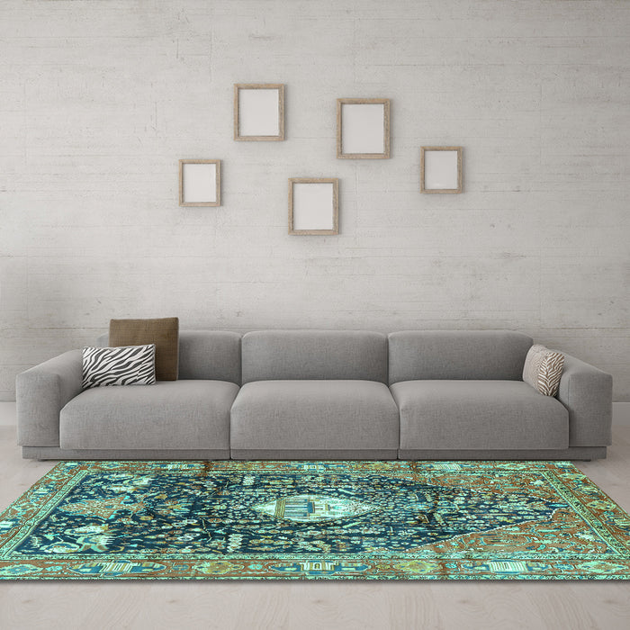 Machine Washable Animal Turquoise Traditional Area Rugs in a Living Room,, wshtr2975turq