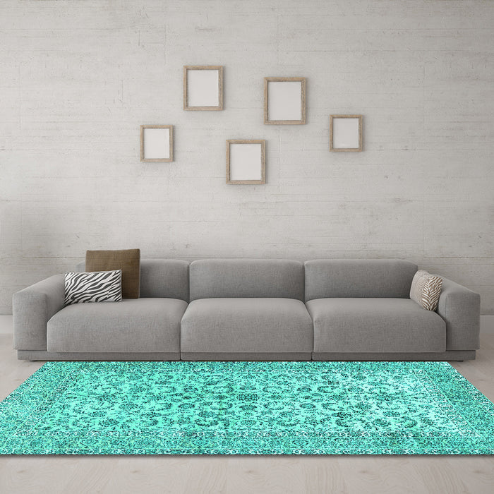 Machine Washable Persian Turquoise Traditional Area Rugs in a Living Room,, wshtr2976turq