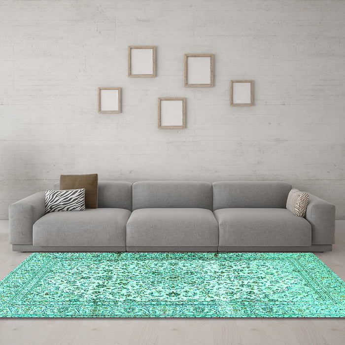Machine Washable Persian Turquoise Traditional Area Rugs in a Living Room,, wshtr2977turq