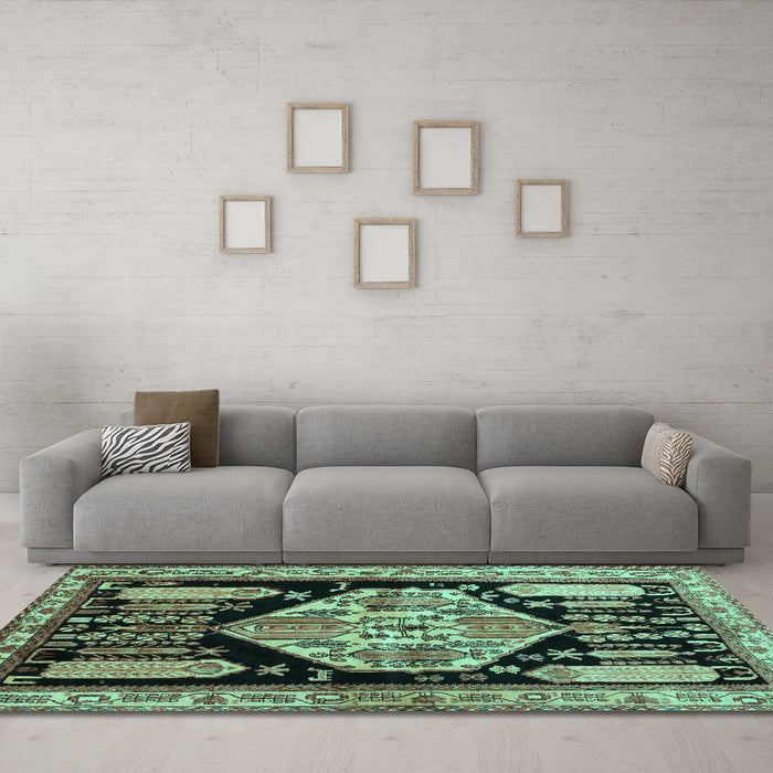 Machine Washable Persian Turquoise Traditional Area Rugs in a Living Room,, wshtr297turq