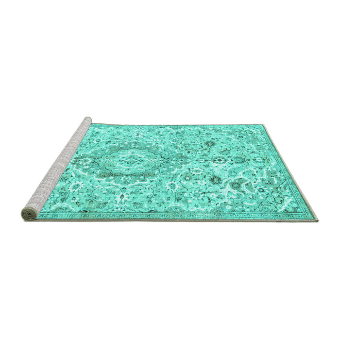Sideview of Machine Washable Persian Turquoise Traditional Area Rugs, wshtr2981turq