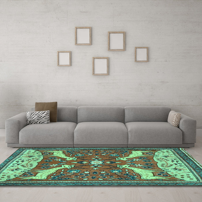 Machine Washable Animal Turquoise Traditional Area Rugs in a Living Room,, wshtr2984turq