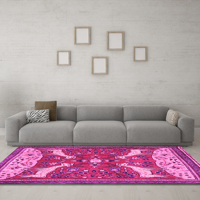 Machine Washable Animal Pink Traditional Rug in a Living Room, wshtr2984pnk