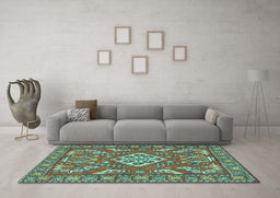 Machine Washable Persian Turquoise Traditional Area Rugs in a Living Room,, wshtr2985turq