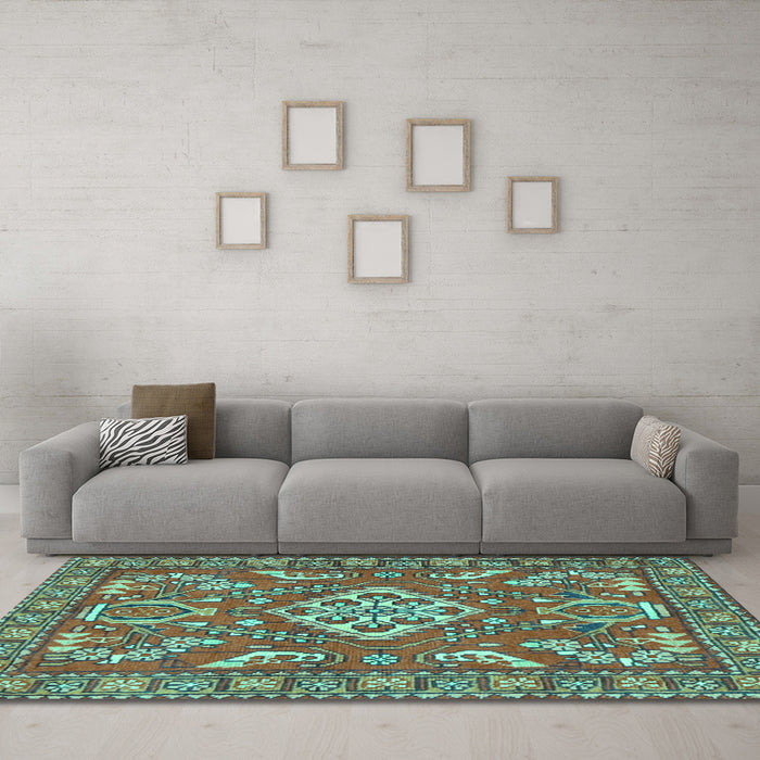 Machine Washable Persian Turquoise Traditional Area Rugs in a Living Room,, wshtr2985turq