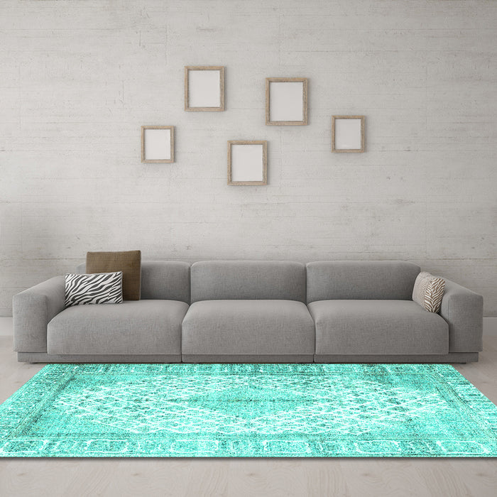 Machine Washable Persian Turquoise Traditional Area Rugs in a Living Room,, wshtr2986turq