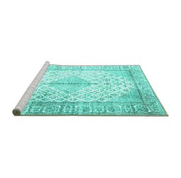 Sideview of Machine Washable Persian Turquoise Traditional Area Rugs, wshtr2986turq