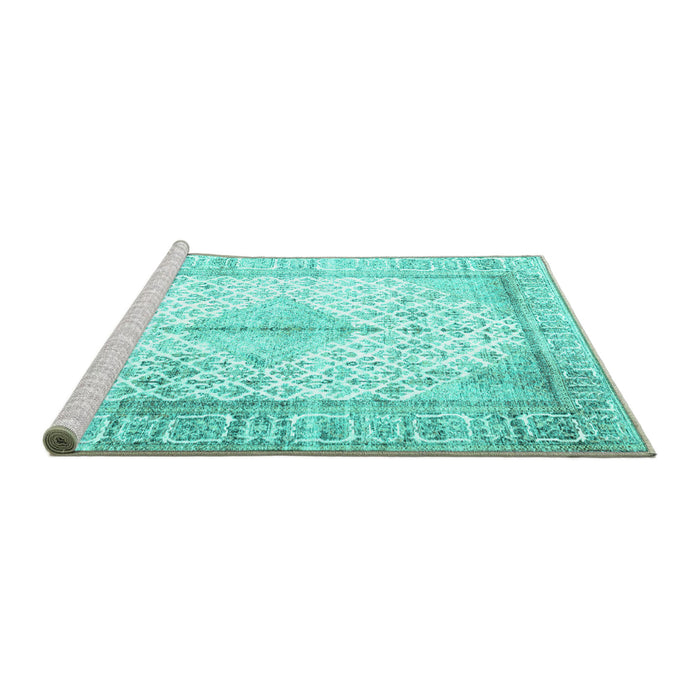 Sideview of Machine Washable Persian Turquoise Traditional Area Rugs, wshtr2986turq