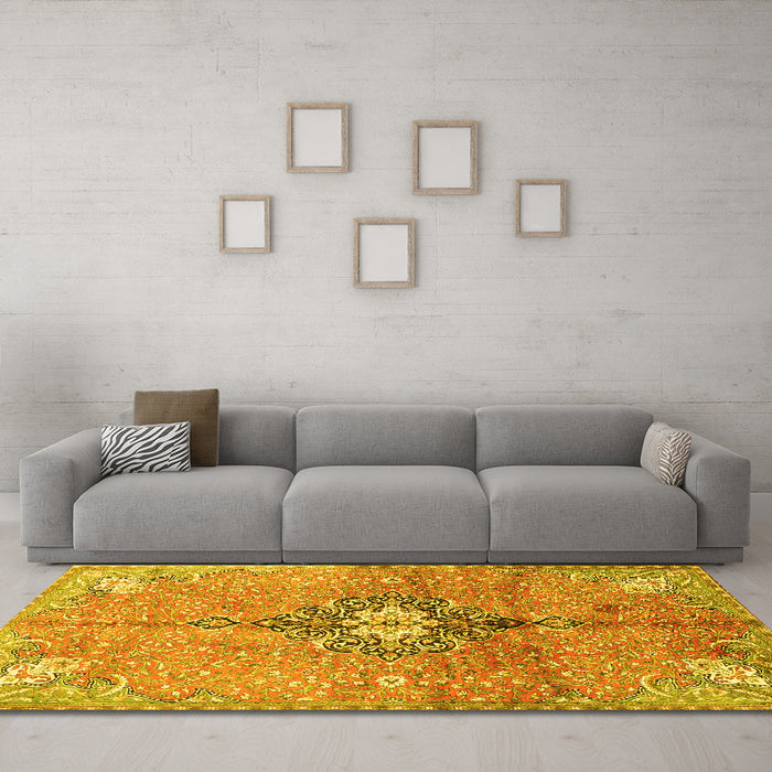 Machine Washable Persian Yellow Traditional Rug in a Living Room, wshtr2987yw