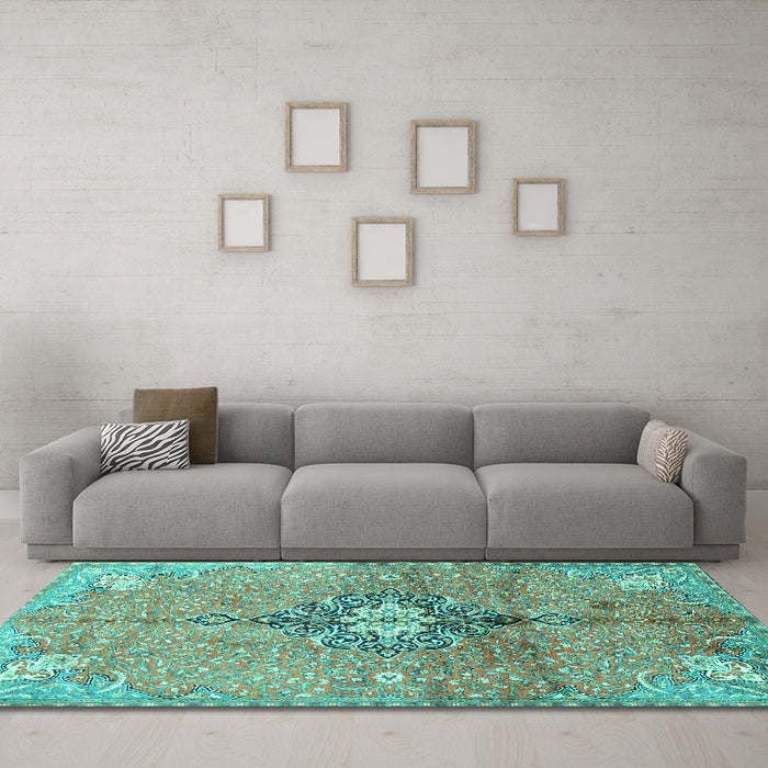 Machine Washable Persian Turquoise Traditional Area Rugs in a Living Room,, wshtr2987turq