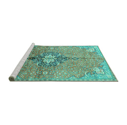 Sideview of Machine Washable Persian Turquoise Traditional Area Rugs, wshtr2987turq