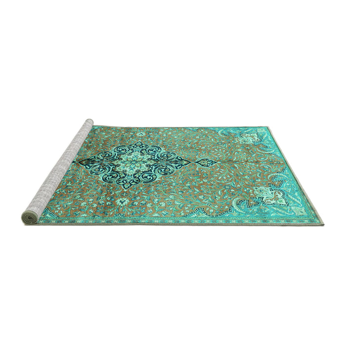 Sideview of Machine Washable Persian Turquoise Traditional Area Rugs, wshtr2987turq