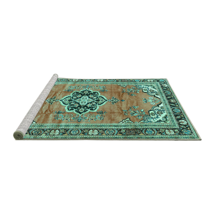 Sideview of Machine Washable Persian Turquoise Traditional Area Rugs, wshtr2988turq