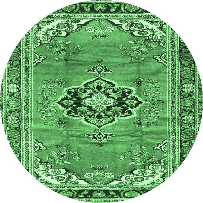 Round Machine Washable Persian Emerald Green Traditional Area Rugs, wshtr2988emgrn