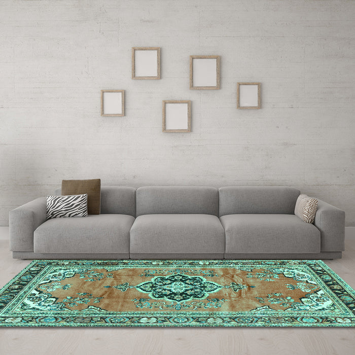 Machine Washable Persian Turquoise Traditional Area Rugs in a Living Room,, wshtr2988turq