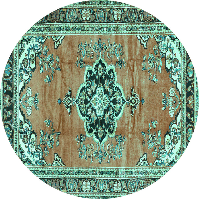 Round Machine Washable Persian Turquoise Traditional Area Rugs, wshtr2988turq