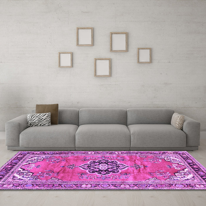 Machine Washable Persian Purple Traditional Area Rugs in a Living Room, wshtr2988pur