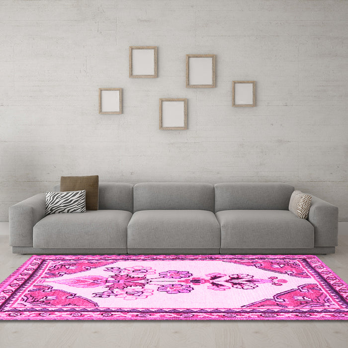 Machine Washable Animal Pink Traditional Rug in a Living Room, wshtr2989pnk
