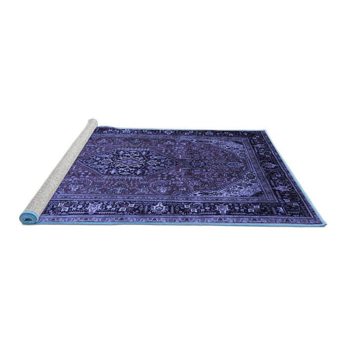 Sideview of Machine Washable Persian Blue Traditional Rug, wshtr298blu