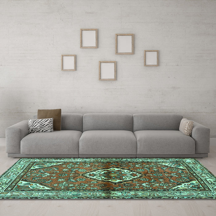 Machine Washable Persian Turquoise Traditional Area Rugs in a Living Room,, wshtr2990turq