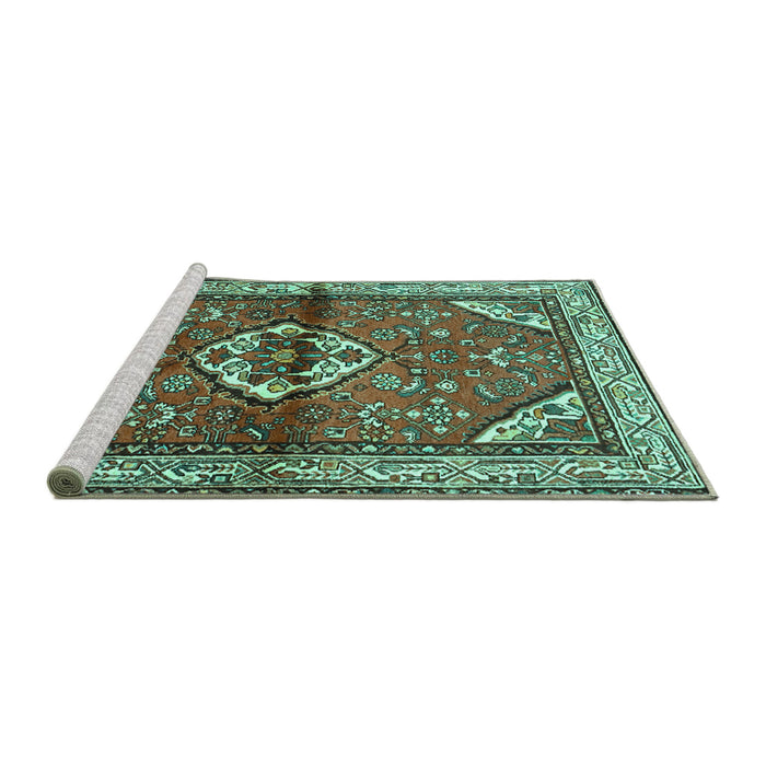 Sideview of Machine Washable Persian Turquoise Traditional Area Rugs, wshtr2990turq