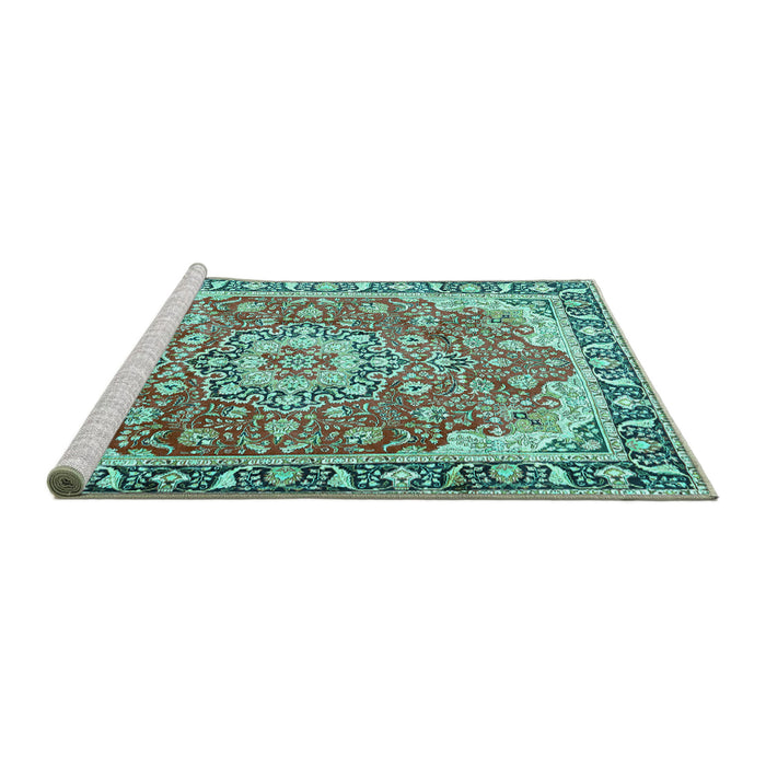 Sideview of Machine Washable Persian Turquoise Traditional Area Rugs, wshtr2991turq