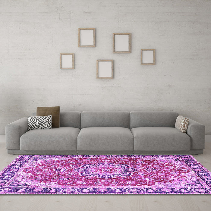 Machine Washable Persian Purple Traditional Area Rugs in a Living Room, wshtr2991pur