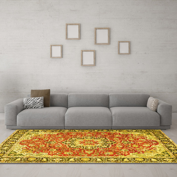 Machine Washable Persian Yellow Traditional Rug in a Living Room, wshtr2991yw