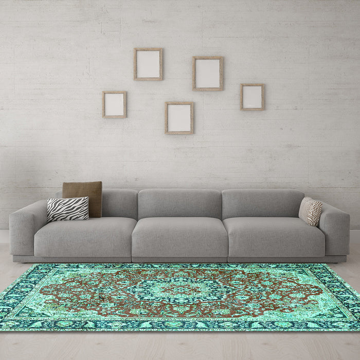 Machine Washable Persian Turquoise Traditional Area Rugs in a Living Room,, wshtr2991turq
