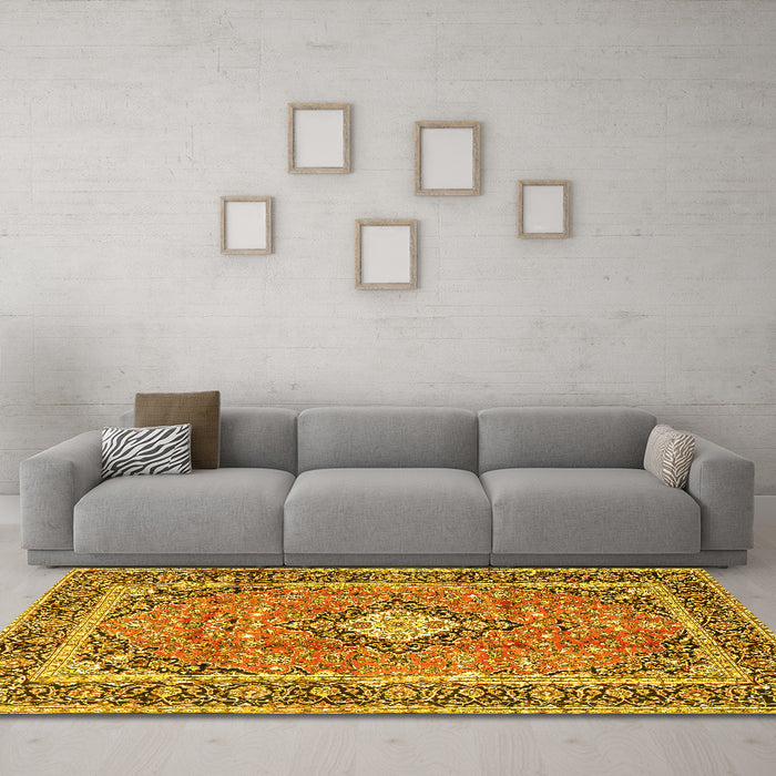 Machine Washable Persian Yellow Traditional Rug in a Living Room, wshtr2992yw