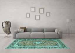 Machine Washable Persian Turquoise Traditional Area Rugs in a Living Room,, wshtr2992turq