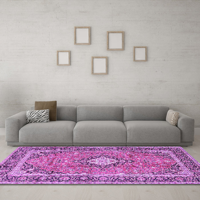 Machine Washable Persian Purple Traditional Area Rugs in a Living Room, wshtr2992pur