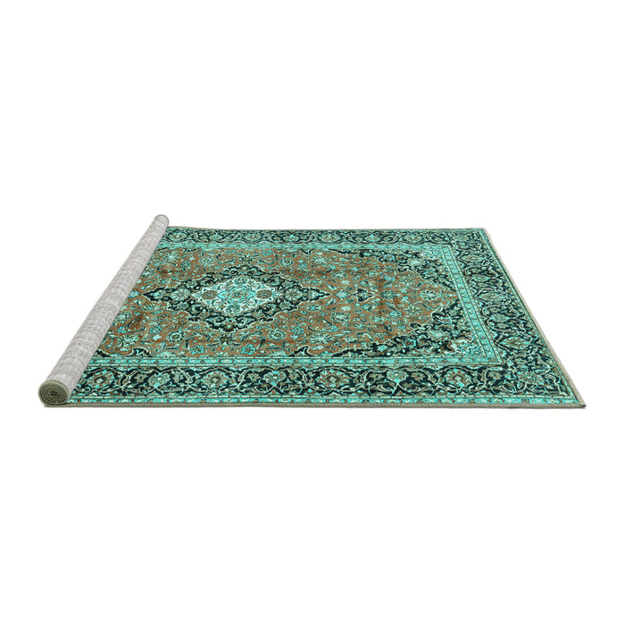 Sideview of Machine Washable Persian Turquoise Traditional Area Rugs, wshtr2992turq