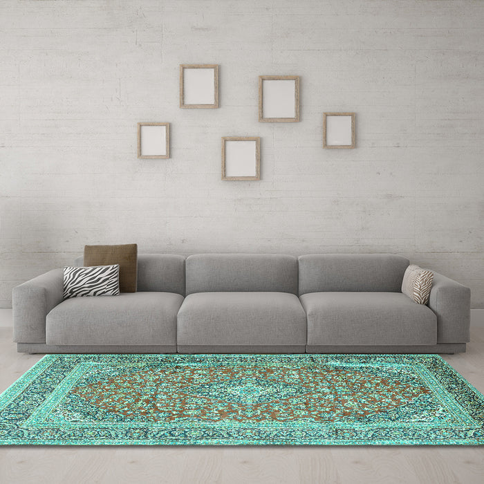 Machine Washable Persian Turquoise Traditional Area Rugs in a Living Room,, wshtr2993turq