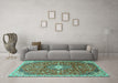 Machine Washable Medallion Turquoise Traditional Area Rugs in a Living Room,, wshtr2995turq