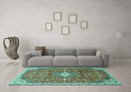 Machine Washable Medallion Turquoise Traditional Area Rugs in a Living Room,, wshtr2995turq