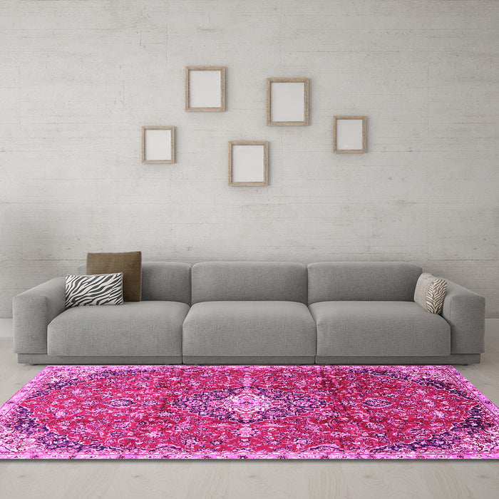 Machine Washable Medallion Pink Traditional Rug in a Living Room, wshtr2995pnk