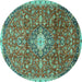 Round Machine Washable Medallion Turquoise Traditional Area Rugs, wshtr2995turq